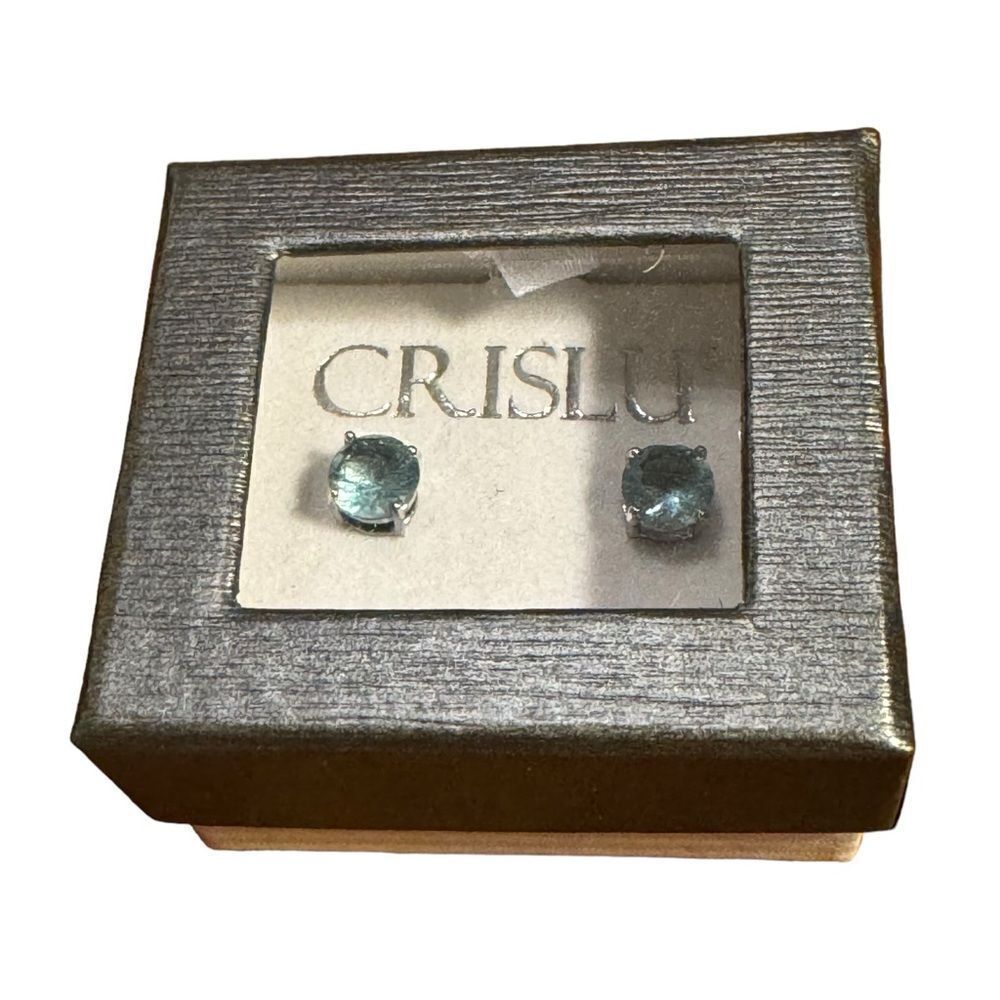 NWT Crislu 2CTTW solitaire blue crystal post earrings in sterling silver